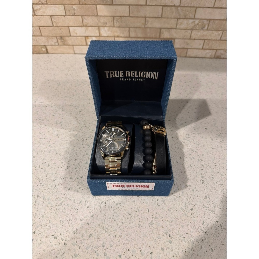 True Religion Gunmetal Watch Bracelet Set New